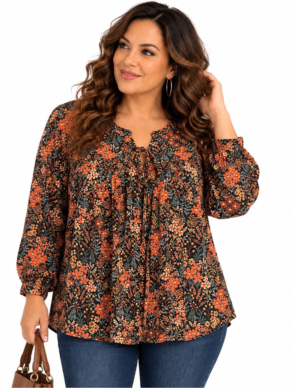 DR2 Womens XXL Floral Tunic Blouse Black Orange Long Sleeve Button Front Fall